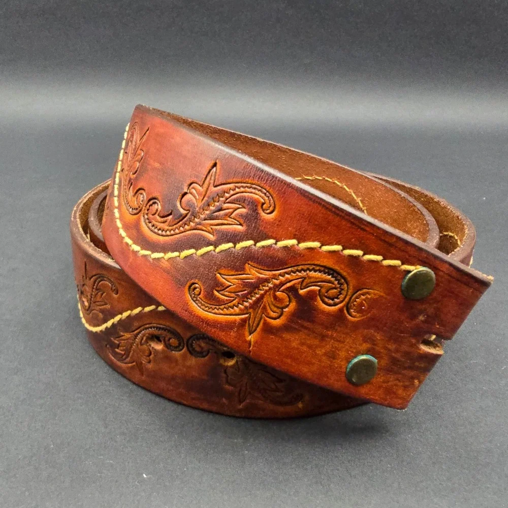 Hand Stained Latigo Leather Western Belt Strap Embossed Brown Floral 6527 41in